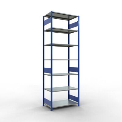 Grundregal, Fachbodenregal Stecksystem MULTIplus85, 3000 x 1000 x 600 mm (HxBxT), 7 Fachböden, Längenriegel, RAL 5010 enzianblau