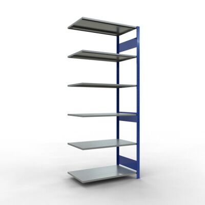Anbauregal, Fachbodenregal Stecksystem MULTIplus85, 2500 x 1000 x 600 mm (HxBxT), 6 Fachböden, Längenriegel, RAL 5010 enzianblau