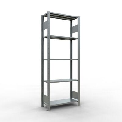 Grundregal, Fachbodenregal Stecksystem MULTIplus150, 2000 x 750 x 300 mm (HxBxT), 5 Fachböden, Längenriegel, verzinkt