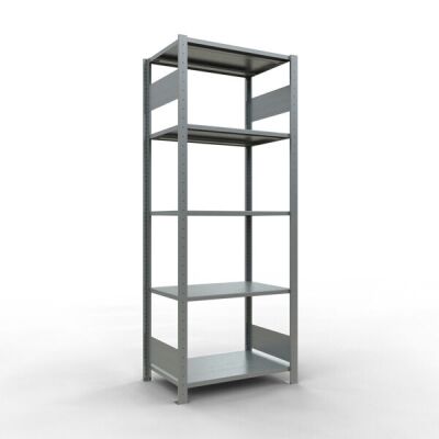 Grundregal, Fachbodenregal Stecksystem MULTIplus150, 2000 x 750 x 500 mm (HxBxT), 5 Fachböden, Längenriegel, verzinkt