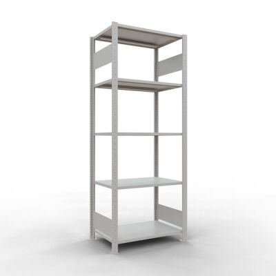 Grundregal, Fachbodenregal Stecksystem MULTIplus150, 2000 x 750 x 500 mm (HxBxT), 5 Fachböden, Längenriegel, RAL 7035 lichtgrau