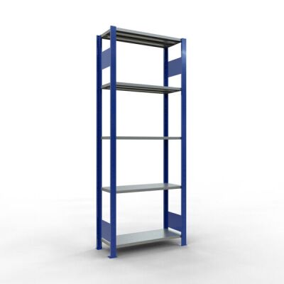 Grundregal, Fachbodenregal Stecksystem MULTIplus150, 2000 x 750 x 300 mm (HxBxT), 5 Fachböden, Längenriegel, RAL 5010 enzianblau/verzinkt/verzinkt