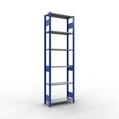 Grundregal, Fachbodenregal Stecksystem MULTIplus150, 2500 x 750 x 300 mm (HxBxT), 6 Fachböden, Längenriegel, RAL 5010 enzianblau/verzinkt/verzinkt