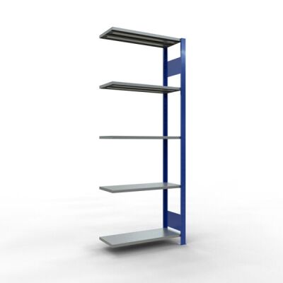 Anbauregal, Fachbodenregal Stecksystem MULTIplus150, 2000 x 750 x 300 mm (HxBxT), 5 Fachböden, Längenriegel, RAL 5010 enzianblau/verzinkt/verzinkt
