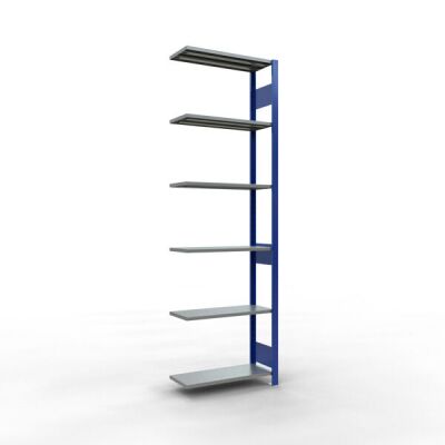 Anbauregal, Fachbodenregal Stecksystem MULTIplus150, 2500 x 750 x 300 mm (HxBxT), 6 Fachböden, Längenriegel, RAL 5010 enzianblau/verzinkt/verzinkt