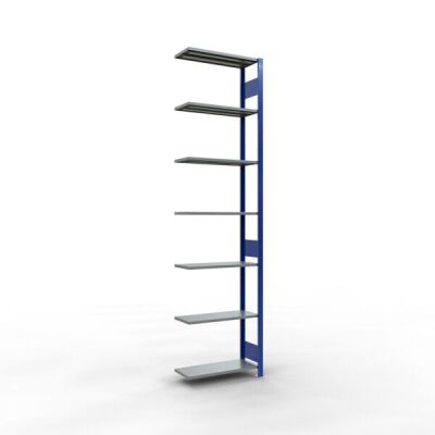 Anbauregal, Fachbodenregal Stecksystem MULTIplus150, 3000 x 750 x 300 mm (HxBxT), 7 Fachböden, Längenriegel, RAL 5010 enzianblau/verzinkt/verzinkt