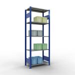 Grundregal, Fachbodenregal Stecksystem MULTIplus150, 2000 x 750 x 400 mm (HxBxT), 5 Fachböden, Längenriegel, RAL 5010 enzianblau/verzinkt/verzinkt