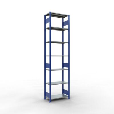 Grundregal, Fachbodenregal Stecksystem MULTIplus150, 3000 x 750 x 400 mm (HxBxT), 7 Fachböden, Längenriegel, RAL 5010 enzianblau/verzinkt/verzinkt