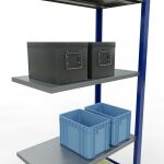 Anbauregal, Fachbodenregal Stecksystem MULTIplus150, 2000 x 750 x 400 mm (HxBxT), 5 Fachböden, Längenriegel, RAL 5010 enzianblau/verzinkt/verzinkt