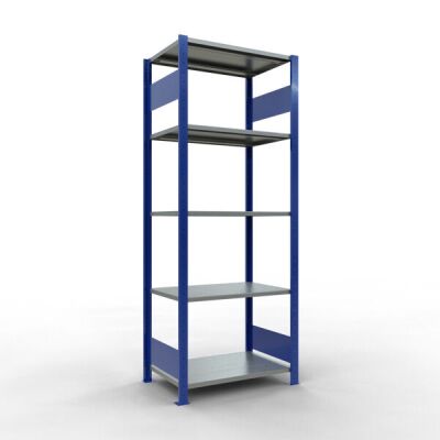 Grundregal, Fachbodenregal Stecksystem MULTIplus150, 2000 x 750 x 500 mm (HxBxT), 5 Fachböden, Längenriegel, RAL 5010 enzianblau/verzinkt/verzinkt