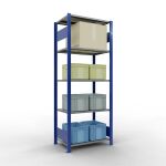 Grundregal, Fachbodenregal Stecksystem MULTIplus150, 2000 x 750 x 500 mm (HxBxT), 5 Fachböden, Längenriegel, RAL 5010 enzianblau/verzinkt/verzinkt