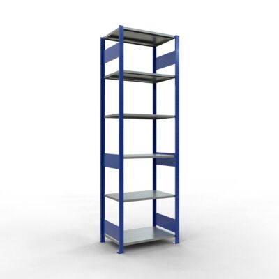 Grundregal, Fachbodenregal Stecksystem MULTIplus150, 2500 x 750 x 500 mm (HxBxT), 6 Fachböden, Längenriegel, RAL 5010 enzianblau/verzinkt/verzinkt