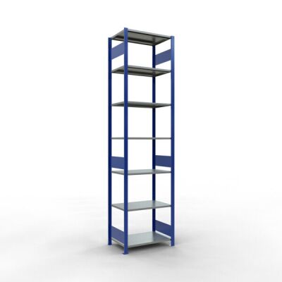 Grundregal, Fachbodenregal Stecksystem MULTIplus150, 3000 x 750 x 500 mm (HxBxT), 7 Fachböden, Längenriegel, RAL 5010 enzianblau/verzinkt/verzinkt