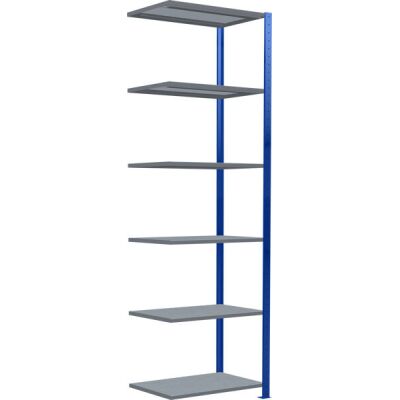 Anbauregal, Fachbodenregal Stecksystem MULTIplus150, 2500 x 750 x 500 mm (HxBxT), 6 Fachböden, Längenriegel, RAL 5010 enzianblau/verzinkt/verzinkt