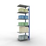 Anbauregal, Fachbodenregal Stecksystem MULTIplus150, 2500 x 750 x 500 mm (HxBxT), 6 Fachböden, Längenriegel, RAL 5010 enzianblau/verzinkt/verzinkt
