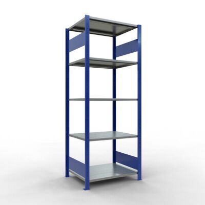 Grundregal, Fachbodenregal Stecksystem MULTIplus150, 2000 x 750 x 600 mm (HxBxT), 5 Fachböden, Längenriegel, RAL 5010 enzianblau/verzinkt/verzinkt