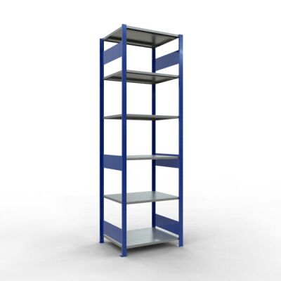 Grundregal, Fachbodenregal Stecksystem MULTIplus150, 2500 x 750 x 600 mm (HxBxT), 6 Fachböden, Längenriegel, RAL 5010 enzianblau/verzinkt/verzinkt