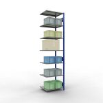 Anbauregal, Fachbodenregal Stecksystem MULTIplus150, 3000 x 750 x 600 mm (HxBxT), 7 Fachböden, Längenriegel, RAL 5010 enzianblau/verzinkt/verzinkt