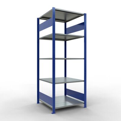 Grundregal, Fachbodenregal Stecksystem MULTIplus150, 2000 x 750 x 800 mm (HxBxT), 5 Fachböden, Längenriegel, RAL 5010 enzianblau/verzinkt/verzinkt