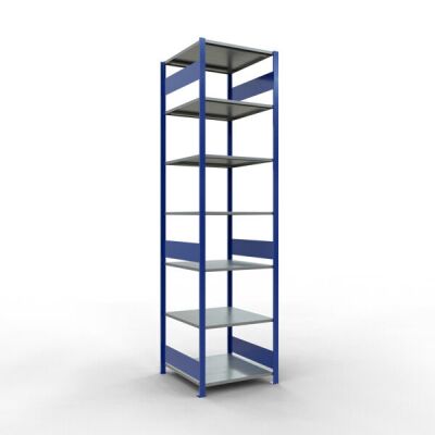 Grundregal, Fachbodenregal Stecksystem MULTIplus150, 3000 x 750 x 800 mm (HxBxT), 7 Fachböden, Längenriegel, RAL 5010 enzianblau/verzinkt/verzinkt