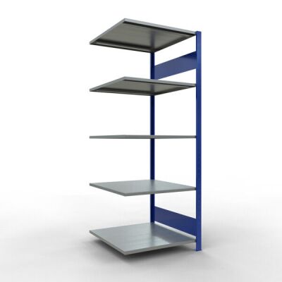 Anbauregal, Fachbodenregal Stecksystem MULTIplus150, 2000 x 750 x 800 mm (HxBxT), 5 Fachböden, Längenriegel, RAL 5010 enzianblau/verzinkt/verzinkt