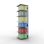 Anbauregal, Fachbodenregal Stecksystem MULTIplus150, 3000 x 750 x 800 mm (HxBxT), 7 Fachböden, Längenriegel, RAL 5010 enzianblau/verzinkt/verzinkt