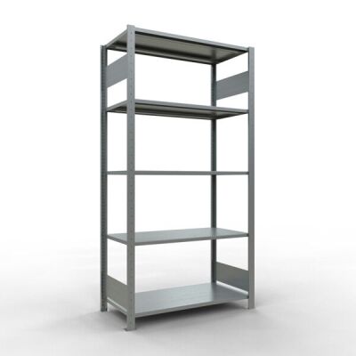 Grundregal, Fachbodenregal Stecksystem MULTIplus150, 2000 x 1000 x 500 mm (HxBxT), 5 Fachböden, Längenriegel, verzinkt