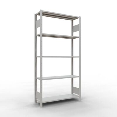 Grundregal, Fachbodenregal Stecksystem MULTIplus150, 2000 x 1000 x 300 mm (HxBxT), 5 Fachböden, Längenriegel, RAL 7035 lichtgrau