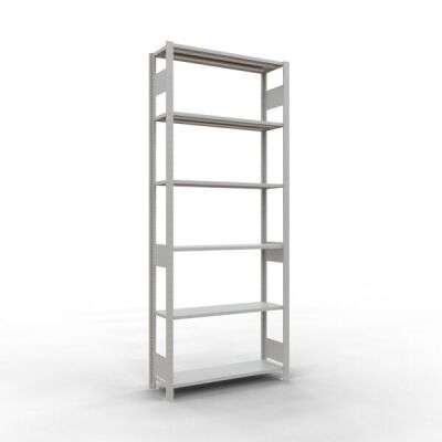 Grundregal, Fachbodenregal Stecksystem MULTIplus150, 2500 x 1000 x 300 mm (HxBxT), 6 Fachböden, Längenriegel, RAL 7035 lichtgrau