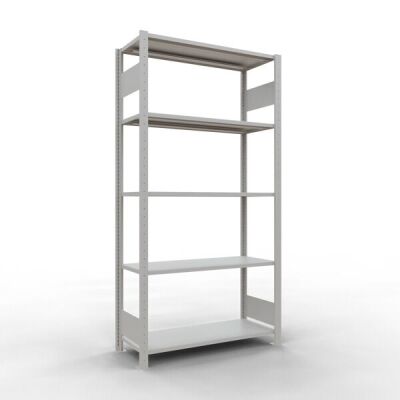 Grundregal, Fachbodenregal Stecksystem MULTIplus150, 2000 x 1000 x 400 mm (HxBxT), 5 Fachböden, Längenriegel, RAL 7035 lichtgrau