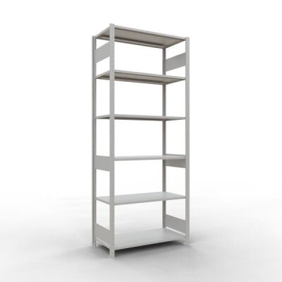 Grundregal, Fachbodenregal Stecksystem MULTIplus150, 2500 x 1000 x 500 mm (HxBxT), 6 Fachböden, Längenriegel, RAL 7035 lichtgrau
