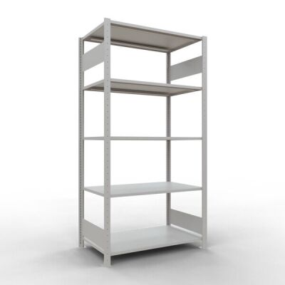 Grundregal, Fachbodenregal Stecksystem MULTIplus150, 2000 x 1000 x 600 mm (HxBxT), 5 Fachböden, Längenriegel, RAL 7035 lichtgrau