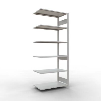 Anbauregal, Fachbodenregal Stecksystem MULTIplus150, 2500 x 1000 x 600 mm (HxBxT), 6 Fachböden, Längenriegel, RAL 7035 lichtgrau