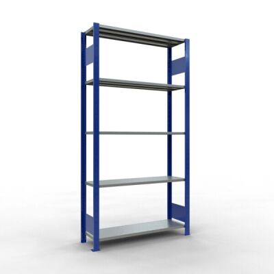 Grundregal, Fachbodenregal Stecksystem MULTIplus150, 2000 x 1000 x 300 mm (HxBxT), 5 Fachböden, Längenriegel, RAL 5010 enzianblau/verzinkt
