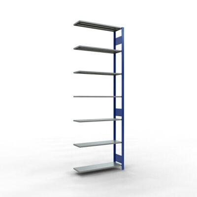 Anbauregal, Fachbodenregal Stecksystem MULTIplus150, 3000 x 1000 x 300 mm (HxBxT), 7 Fachböden, Längenriegel, RAL 5010 enzianblau/verzinkt