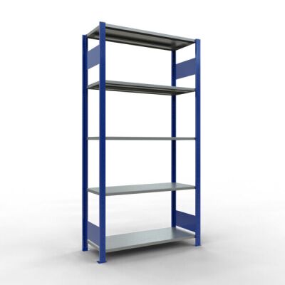 Grundregal, Fachbodenregal Stecksystem MULTIplus150, 2000 x 1000 x 400 mm (HxBxT), 5 Fachböden, Längenriegel, RAL 5010 enzianblau/verzinkt