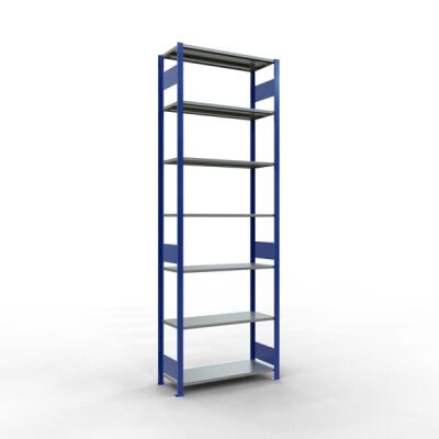 Grundregal, Fachbodenregal Stecksystem MULTIplus150, 3000 x 1000 x 400 mm (HxBxT), 7 Fachböden, Längenriegel, RAL 5010 enzianblau/verzinkt
