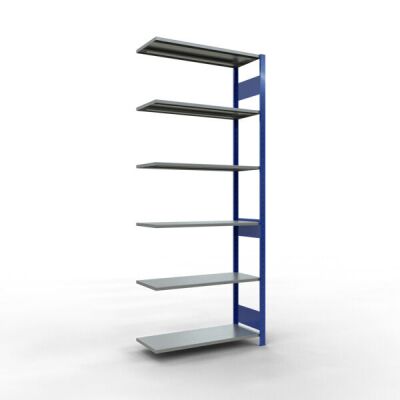 Anbauregal, Fachbodenregal Stecksystem MULTIplus150, 2500 x 1000 x 400 mm (HxBxT), 6 Fachböden, Längenriegel, RAL 5010 enzianblau/verzinkt