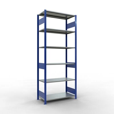 Grundregal, Fachbodenregal Stecksystem MULTIplus150, 2500 x 1000 x 500 mm (HxBxT), 6 Fachböden, Längenriegel, RAL 5010 enzianblau/verzinkt