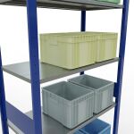 Grundregal, Fachbodenregal Stecksystem MULTIplus150, 3000 x 1000 x 500 mm (HxBxT), 7 Fachböden, Längenriegel, RAL 5010 enzianblau/verzinkt