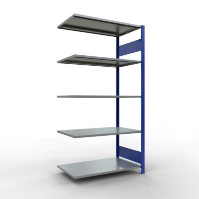 Anbauregal, Fachbodenregal Stecksystem MULTIplus150, 2000 x 1000 x 600 mm (HxBxT), 5 Fachböden, Längenriegel, RAL 5010 enzianblau/verzinkt