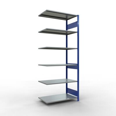 Anbauregal, Fachbodenregal Stecksystem MULTIplus150, 2500 x 1000 x 600 mm (HxBxT), 6 Fachböden, Längenriegel, RAL 5010 enzianblau/verzinkt