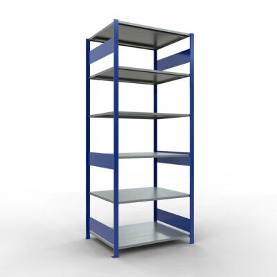 Grundregal, Fachbodenregal Stecksystem MULTIplus150, 2500 x 1000 x 800 mm (HxBxT), 6 Fachböden, Längenriegel, RAL 5010 enzianblau/verzinkt