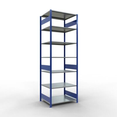 Grundregal, Fachbodenregal Stecksystem MULTIplus150, 3000 x 1000 x 800 mm (HxBxT), 7 Fachböden, Längenriegel, RAL 5010 enzianblau/verzinkt