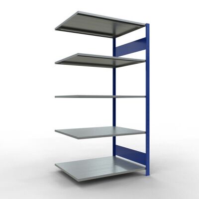 Anbauregal, Fachbodenregal Stecksystem MULTIplus150, 2000 x 1000 x 800 mm (HxBxT), 5 Fachböden, Längenriegel, RAL 5010 enzianblau/verzinkt