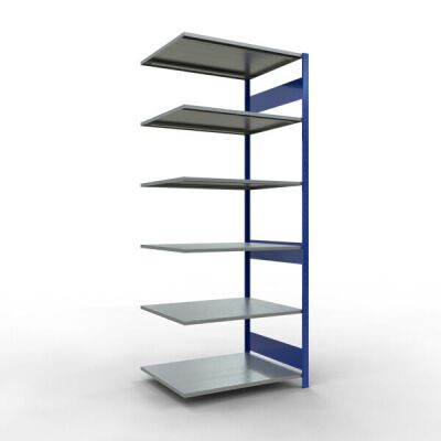 Anbauregal, Fachbodenregal Stecksystem MULTIplus150, 2500 x 1000 x 800 mm (HxBxT), 6 Fachböden, Längenriegel, RAL 5010 enzianblau/verzinkt