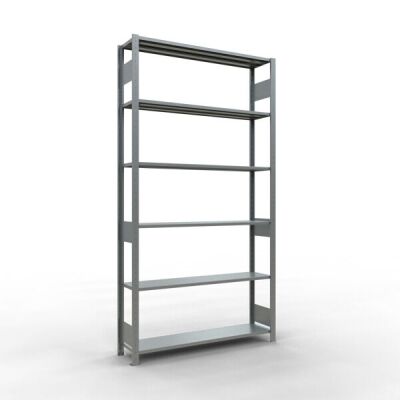 Grundregal, Fachbodenregal Stecksystem MULTIplus150, 2500 x 1300 x 300 mm (HxBxT), 6 Fachböden, Längenriegel, verzinkt