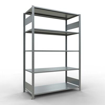 Grundregal, Fachbodenregal Stecksystem MULTIplus150, 2000 x 1300 x 600 mm (HxBxT), 5 Fachböden, Längenriegel, verzinkt