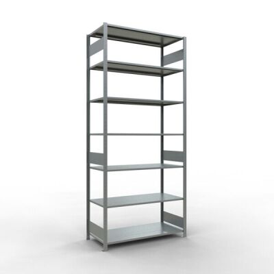 Grundregal, Fachbodenregal Stecksystem MULTIplus150, 3000 x 1300 x 600 mm (HxBxT), 7 Fachböden, Längenriegel, verzinkt