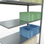 Anbauregal, Fachbodenregal Stecksystem MULTIplus150, 3000 x 1300 x 600 mm (HxBxT), 7 Fachböden, Längenriegel, verzinkt